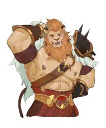 Rule 34 | 1boy, abs, afk arena, afk journey, animal ears, arm behind back, arm behind head, arm up, armpits, bara, blush, brown eyes, brutus (afk arena), commentary, english commentary, fangs, furry, furry male, highres, lion boy, lion ears, lion mane, lion tail, looking at viewer, male focus, muscular, muscular male, nipples, open mouth, pectorals, tail, tian qi qing
