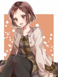 Rule 34 | 1girl, :d, bad id, bad twitter id, bang dream!, beige jacket, black pantyhose, blush, brown dress, brown eyes, brown hair, collarbone, collared dress, commentary request, dress, hazawa tsugumi, ito22oji, knees together feet apart, legs together, long sleeves, looking at viewer, open mouth, orange background, outline, pantyhose, plaid, plaid dress, short hair, sitting, smile, solo, star (symbol), starry background, white outline