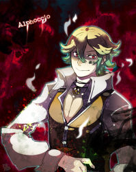 Rule 34 | 1boy, alphoccio basil, aura, bad id, bad pixiv id, barcode, bio lab, brown vest, character name, closed mouth, clown (ragnarok online), commentary request, facial tattoo, green hair, hair between eyes, long sleeves, looking at viewer, male focus, peace symbol, ragnarok online, red eyes, reload9 yohji, shaded face, shirt, short hair, smile, solo, tattoo, upper body, vest, white shirt