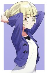 Rule 34 | 1girl, absurdres, blonde hair, blush, breasts, closed mouth, collarbone, fankupl, glasses, highres, looking at viewer, looking to the side, perrine h. clostermann, simple background, small breasts, smile, solo, strike witches, upper body, world witches series, yellow eyes