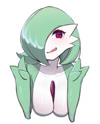 Rule 34 | 1girl, bob cut, breasts, collarbone, colored skin, creatures (company), double v, fang, female focus, game freak, gardevoir, gen 3 pokemon, green skin, hair over one eye, hands up, hanging breasts, happy, highres, large breasts, looking at viewer, multicolored skin, myanja, nintendo, one eye covered, open mouth, pink eyes, pokemon, pokemon (creature), red hair, shiny skin, short hair, simple background, skin fang, smile, solo, two-tone skin, upper body, v, white background, white skin