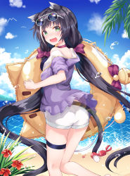 Rule 34 | 1girl, alternate costume, angry, animal ear fluff, animal ears, bare shoulders, beach, bikini, black bikini, black hair, blush, bow, breasts, cat ears, cat girl, cat tail, commentary, crab, day, fang, feet out of frame, from behind, green eyes, highres, holding, holding swim ring, innertube, innertube with ears, jacket, karyl (princess connect!), karyl (summer) (princess connect!), long hair, looking at viewer, low twintails, medium breasts, multicolored hair, open mouth, outdoors, princess connect!, purple jacket, ramyun sari, red bow, short shorts, shorts, skin fang, solo, standing, streaked hair, swim ring, swimsuit, tail, twintails, very long hair, white hair, white shorts