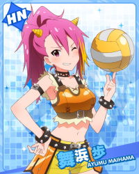 Rule 34 | 10s, 1girl, armlet, armpits, ball, belt, blue background, bracelet, character name, choker, cowboy shot, female focus, grin, holding, holding ball, idolmaster, idolmaster million live!, jewelry, kawakami tetsuya, looking at viewer, maihama ayumu, midriff, multicolored hair, navel, official art, one eye closed, pink eyes, pink hair, ponytail, smile, solo, volleyball (object), wink