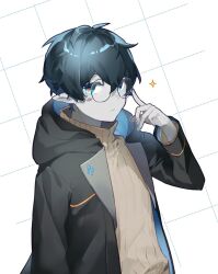 Rule 34 | 1boy, alternate costume, arknights, aruke0, bespectacled, black hair, black jacket, blue eyes, brown sweater, commentary request, faust (arknights), finger to cheek, glasses, grey hair, grid background, highres, jacket, looking at viewer, male focus, pointy ears, red pupils, ribbed sweater, scales, simple background, solo, sparkle, sweater, upper body, white background