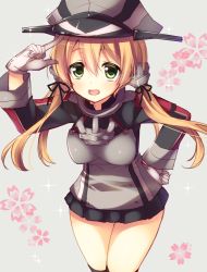 Rule 34 | 10s, 1girl, :d, anchor hair ornament, black legwear, blonde hair, gloves, green eyes, hair ornament, hand up, hat, kantai collection, long hair, long sleeves, microskirt, military, military uniform, open mouth, peaked cap, prinz eugen (kancolle), simple background, skirt, smile, solo, tahya, twintails, uniform, upper body