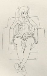 Rule 34 | 1girl, boots, can, couch, full body, greyscale, hatsune miku, crossed legs, lineart, monochrome, shaded face, sitting, sketch, skirt, solo, thigh boots, thighhighs, vocaloid, wokada