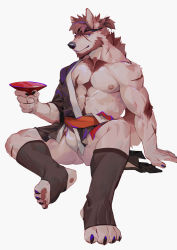 Rule 34 | 1boy, abs, animal ears, bara, bare pectorals, beard, body fur, bulge, chest hair, cup, dog boy, dog ears, dog tail, facial hair, full body, fundoshi, furry, furry male, highres, japanese clothes, kimono, kneehighs, male focus, mature male, muscular, muscular male, navel, navel hair, nipples, open clothes, open kimono, original, pectorals, red hair, sakazuki, scar, scar on arm, seato-hao, short hair, smile, snout, socks, solo, stomach, tail, thick thighs, thighs