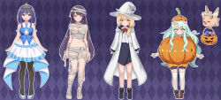 4girls absurdres alternate_costume animal_ears ankle_socks arms_at_sides bandages bike_shorts black_pantyhose black_socks blonde_hair blue_dress blue_eyes blue_hair blue_skirt blue_trim blush bow breasts brown_eyes brown_footwear clear_(princess_connect!) cleavage cloak closed_mouth dress dress_shoes full_body green_eyes green_hair halloween_bucket halloween_costume hat high_heels highres large_breasts lily_(princess_connect!) lock_003 medium_hair misora_(princess_connect!) multiple_girls mummy_costume naked_bandage navel no_shoes open_mouth pantyhose pig pig_ears pig_girl precia_(princess_connect!) princess_connect! pumpkin pumpkin_costume purple_hair red_bow shirt sidelocks skirt sleeveless sleeveless_dress smile socks standing straight_hair thighhighs tiara wavy_mouth white_cloak white_footwear white_hat white_shirt white_skirt white_thighhighs wing_hat_ornament wizard_hat