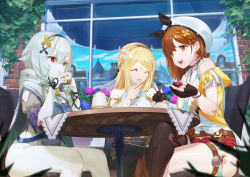 Rule 34 | 3girls, ^ ^, atelier (series), atelier ryza, atelier ryza 2, bare shoulders, belt, black nails, black skirt, blonde hair, blue belt, blue sky, braid, breasts, brick wall, brown belt, brown eyes, brown hair, building, chair, cleavage, closed eyes, crossed legs, cup, earrings, gem, gloves, hair between eyes, hair ornament, hairband, heterochromia, highres, hooded robe, indoors, jacket, jewelry, key, key necklace, klaudia valentz, large breasts, leather, leather belt, leather gloves, long hair, multiple girls, nail polish, necklace, nox13, off shoulder, open mouth, pale skin, parted lips, partially fingerless gloves, pelvic curtain, plant, red eyes, red shorts, reisalin stout, robe, serri glaus, shirt, short hair, short shorts, shorts, side braid, silver hair, single sidelock, single thighhigh, sitting, skirt, sky, sleeveless, sleeveless jacket, sleeveless shirt, table, thick thighs, thigh strap, thighhighs, thighs, vines, white headwear, white shirt, window, yellow eyes, yellow jacket