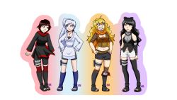 Rule 34 | alternate costume, alternate universe, black hair, blake belladonna, blonde hair, blue eyes, breasts, cape, cleavage, commentary, full body, grey eyes, long hair, multicolored hair, multiple girls, naruto (series), naruto shippuuden, ninja, purple eyes, red cape, red hair, ruby rose, rwby, scar, scar across eye, scar on face, stacky422, standing, thighhighs, weiss schnee, white hair, yang xiao long, yellow eyes