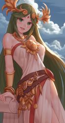 Rule 34 | 1girl, armlet, artist name, awan0918, belt, blue sky, cloud, commentary request, dress, female focus, green eyes, green hair, headdress, highres, jewelry, kid icarus, kid icarus uprising, leaning back, long hair, looking at viewer, matching hair/eyes, necklace, nintendo, open mouth, palutena, sky, smile, solo, strapless, strapless dress, thighhighs, very long hair, watermark, white dress, white thighhighs