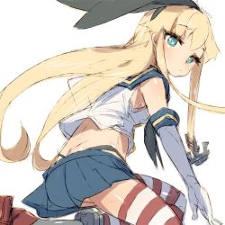 Rule 34 | 1girl, alchera, anchor hair ornament, black hairband, black neckerchief, black panties, blonde hair, blue sailor collar, blue skirt, crop top, elbow gloves, from behind, gloves, grey eyes, hair ornament, hairband, highleg, highleg panties, kantai collection, long hair, looking at viewer, microskirt, miniskirt, neckerchief, panties, pleated skirt, revision, sailor collar, shimakaze (kancolle), simple background, skirt, solo, striped clothes, striped thighhighs, thighhighs, underwear, white background, white gloves