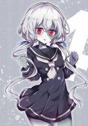 Rule 34 | 10s, 1girl, black dress, black sailor collar, blue ribbon, blush, breasts, commentary request, cowboy shot, dress, grey background, grey neckerchief, hair between eyes, hair ribbon, hands up, head tilt, highres, konno junko, long hair, long sleeves, looking at viewer, low twintails, maturiuta sorato, neckerchief, open mouth, pale skin, parted lips, pleated dress, red eyes, ribbon, sailor collar, sailor dress, short dress, silver hair, simple background, small breasts, solo, standing, stitched face, stitches, thigh gap, thighs, twintails, very long hair, zombie, zombie land saga