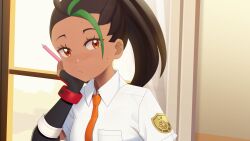 Rule 34 | 1girl, blush, breast pocket, brown eyes, closed mouth, collared shirt, commentary, creatures (company), eyelashes, fingerless gloves, freckles, game freak, gazing eye, gloves, green hair, hand up, head rest, highres, indoors, logo, looking at viewer, multicolored hair, necktie, nemona (pokemon), nintendo, orange necktie, pocket, pokemon, pokemon sv, ponytail, school uniform, shirt, solo, streaked hair, sweat, two-tone hair, upper body, white shirt, window
