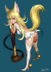 Rule 34 | 1girl, animal ears, ankle bell, ariverkao, artist name, ass, backless dress, backless outfit, bell, bent over, blonde hair, blue background, blue eyes, breasts, calligraphy brush, closed mouth, dress, eyelashes, fox ears, fox girl, fox tail, from above, from behind, full body, hair between eyes, high heels, large breasts, legs apart, long hair, looking at viewer, microdress, orb, original, oversized object, paintbrush, panties, pointing, revealing clothes, signature, simple background, sleeveless, sleeveless dress, smile, solo, spread fingers, standing, tail, thighhighs, underwear, upskirt, white dress, white panties, white thighhighs, wrist cuffs