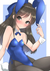 Rule 34 | 1girl, absurdres, animal ears, bad id, bad twitter id, black pantyhose, blue background, blue bow, blue bowtie, blue leotard, border, bow, bowtie, breasts, brown eyes, brown hair, commentary request, cowboy shot, detached collar, fake animal ears, flying sweatdrops, hair bow, half updo, highres, idolmaster, idolmaster cinderella girls, kyokutou hentai samurai, leotard, long hair, looking at viewer, pantyhose, playboy bunny, rabbit ears, rabbit tail, sitting, small breasts, solo, strapless, strapless leotard, tachibana arisu, tail, white border, wrist cuffs