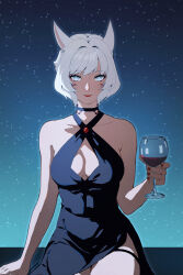 Rule 34 | 1girl, animal ears, black choker, black dress, breasts, cat ears, choker, cleavage, cleavage cutout, clothing cutout, cup, dress, drinking glass, facial mark, final fantasy, final fantasy xiv, grey eyes, highres, looking at viewer, lyra-kotto, medium breasts, miqo&#039;te, neck tattoo, short hair, side slit, sitting, sky, smile, solo, star (sky), starry sky, tattoo, whisker markings, white hair, wine glass, y&#039;shtola rhul