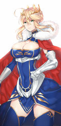 Rule 34 | 1girl, ahoge, armor, artoria pendragon (all), artoria pendragon (fate), artoria pendragon (lancer) (fate), blonde hair, blue dress, blue thighhighs, braid, braided bun, breasts, bush, cape, church, cleavage, cleavage cutout, clothing cutout, cloud, crown, dress, eyebrows, fate/grand order, fate (series), fur cape, gauntlets, greaves, green eyes, hair between eyes, hair bun, hand up, holding, holding cape, holding clothes, indoors, kanosigu, large breasts, light rays, plant, pleated dress, red cape, saber (fate), short hair with long locks, simple background, skin tight, skindentation, smile, solo, stained glass, standing, thighhighs, white background