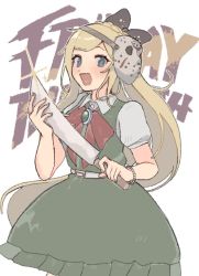 Rule 34 | 1girl, :d, black bow, blonde hair, blush, bow, bracelet, braid, commentary request, cowboy shot, danganronpa (series), danganronpa 2: goodbye despair, dress, green dress, hair bow, hockey mask, holding, holding knife, jewelry, knife, long hair, looking at viewer, mask, mask on head, naruse (0shi 39), open mouth, pinafore dress, ponytail, puffy short sleeves, puffy sleeves, red bow, shirt, short sleeves, sleeveless dress, smile, solo, sonia nevermind, white shirt