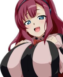Rule 34 | 1girl, beyblade, beyblade: burst, blue eyes, blush, bow, bowtie, breasts, christina kuroda, female focus, hairband, hands on own chest, happy, large breasts, long hair, looking at viewer, oda koziki, open mouth, red hair, shirt, simple background, smile, solo, striped clothes, striped shirt, upper body, white background
