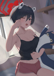 Rule 34 | 1girl, absurdres, animal ears, black camisole, black eyes, black hair, blue archive, blush, breasts, camisole, cleavage, collarbone, cowboy shot, dolphin shorts, hair between eyes, halo, highres, indoors, large breasts, looking at viewer, one eye closed, open mouth, pige pig, red halo, red shorts, short hair, shorts, solo, stuffed animal, stuffed cat, stuffed toy, tsubaki (blue archive)