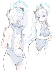Rule 34 | 1girl, absurdres, alternate costume, animal ears, ass, backless leotard, blue archive, blue leotard, collarbone, cropped legs, ekoru, fake animal ears, fake tail, grey hair, groin, halo, highres, hooded leotard, leotard, looking to the side, median furrow, miyako (blue archive), multiple views, rabbit ears, rabbit tail, shoulder blades, side ponytail, sidelocks, simple background, tail, white background