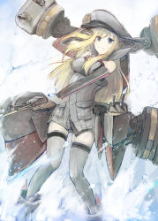 Rule 34 | 10s, 1girl, bismarck (kancolle), blonde hair, blue eyes, breasts, gloves, grey thighhighs, hat, highres, ishizaru, kantai collection, long hair, military, military hat, military uniform, peaked cap, personification, sketch, solo, thighhighs, uniform