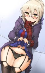 Rule 34 | 1girl, artoria pendragon (all), artoria pendragon (fate), black panties, black thighhighs, blonde hair, blush, cameltoe, clothes lift, fate/grand order, fate (series), garter belt, garter straps, glasses, hair ribbon, looking at viewer, momio, mysterious heroine x alter (fate), mysterious heroine x alter (first ascension) (fate), panties, red scarf, ribbon, saber (fate), scarf, school uniform, side-tie panties, skirt, skirt lift, solo, thighhighs, underwear, yellow eyes
