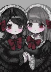 Rule 34 | 2girls, :3, black dress, black eyes, black hair, bow, bowtie, breasts, closed mouth, commission, cross-shaped pupils, dress, frilled dress, frilled hairband, frills, grey background, grey hair, hair bow, hairband, heterochromia, holding hands, long hair, long sleeves, looking at viewer, multiple girls, original, puffy sleeves, red bow, red bowtie, red eyes, shiona (siona0625), small breasts, symbol-shaped pupils, upper body, watermark, white hairband