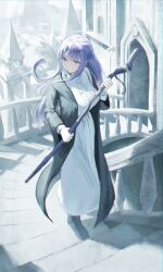 Rule 34 | 1girl, black coat, black footwear, boots, breasts, closed mouth, coat, commentary, dotthebot, dress, fern (sousou no frieren), full body, highres, holding, holding staff, large breasts, long hair, long sleeves, mage staff, purple eyes, purple hair, sidelocks, solo, sousou no frieren, staff, stairs, white dress, white theme