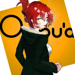Rule 34 | 1girl, absurdres, back, black jacket, casual, cigarette, cigarette pack, fashion, forehead, fur-trimmed jacket, fur trim, highres, holding, holding cigarette pack, honkai (series), honkai impact 3rd, jacket, long sleeves, looking at viewer, looking back, murata himeko, red hair, shirt, smoke, smoking, solo, white shirt, yellow eyes, you&#039;a