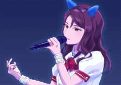 Rule 34 | 1girl, animal ears, brown hair, concentrating, ear covers, hair between eyes, holding, holding microphone, horse ears, horse girl, jewelry, king halo (umamusume), microphone, minu, music, outstretched arm, red eyes, shirt, short sleeves, singing, solo, umamusume, upper body, wavy hair, white shirt