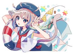 Rule 34 | 1girl, animal ears, arms up, artist name, blue eyes, blue hair, blue nails, blue skirt, brown hair, cat ears, cat girl, cat tail, character request, copyright request, eyes visible through hair, flag, flower-shaped pupils, highres, lifebuoy, looking at viewer, message in a bottle, multicolored hair, nail polish, neckerchief, open mouth, red neckerchief, sailor, sailor collar, shirt, short hair, short sleeves, skirt, solo, sorata123, swim ring, symbol-shaped pupils, tail, two-tone hair, v, white shirt