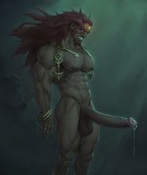 Rule 34 | 1boy, absurdres, bara, colored skin, dreampipe, erection, ganondorf, green skin, highres, large penis, male focus, muscular, nintendo, pectorals, penis, red hair, solo, the legend of zelda