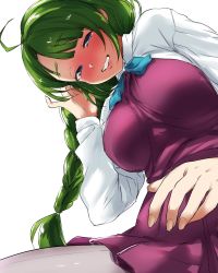Rule 34 | 10s, ahoge, blue bow, blue eyes, blush, bow, breasts, dress, fingernails, green hair, grin, hand in own hair, highres, kantai collection, long hair, long sleeves, looking at viewer, looking down, medium breasts, open mouth, pantyhose, pink pantyhose, ponytail, purple dress, shirt, simple background, smile, solo, white background, white shirt, yakitomato, yuugumo (kancolle)