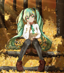 Rule 34 | 1girl, aqua eyes, aqua hair, aqua ribbon, autumn leaves, bad id, bad pixiv id, boots, brown shorts, cheek rest, commentary, forest, hair ornament, hatsune miku, hatsune miku (nt), highres, log, long hair, long sleeves, looking at viewer, nature, neck ribbon, outdoors, piapro, ribbon, shirt, shorts, sitting, smile, solo, stairs, thighhighs, tree, twintails, twitter username, very long hair, vocaloid, white shirt, yu-ame