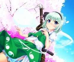 Rule 34 | 1girl, bloomers, blue eyes, bow, bowtie, commentary request, cropped vest, dress shirt, gluteal fold, green skirt, green vest, hairband, katana, konpaku youmu, miniskirt, navel, no panties, partially visible vulva, puffy short sleeves, puffy sleeves, shirt, short hair, short sleeves, skirt, skirt set, solo, sword, t.o.d, touhou, underwear, upskirt, vest, weapon, white hair