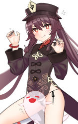 Rule 34 | 1girl, black coat, black hat, blush, breasts, brown hair, claw pose, coat, coattails, flower, genshin impact, ghost, hat, hat flower, hu tao (genshin impact), kanzaki muyu, licking lips, long hair, long sleeves, looking at viewer, plum blossoms, red eyes, small breasts, smile, symbol-shaped pupils, thong, tongue, tongue out, twintails, very long hair