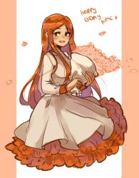 Rule 34 | absurdres, ayanobro, birthday, bleach, blush, bouquet, brown eyes, dress, english text, flower, happy, highres, inoue orihime, long hair, long skirt, open mouth, orange hair, petals, skirt, solo, white dress