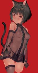 Rule 34 | 1girl, animal ears, bare shoulders, black dress, black hair, black panties, black thighhighs, breasts, cat ears, cat girl, cat tail, commentary request, cowboy shot, detached sleeves, dress, highres, looking at viewer, magaeshi, medium breasts, nipples, original, panties, red background, red eyes, red theme, see-through, see-through sleeves, short hair, simple background, solo, tail, thighhighs, underwear