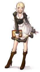 Rule 34 | 1girl, apron, blonde hair, blue eyes, boots, collar, curly hair, full body, hairband, highres, kafra uniform, long hair, maid, maid apron, myung-jin lee, official art, ragnarok online 2, ragnarok online 2: legend of the second, simple background, solo, white background