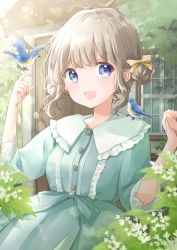 Rule 34 | 1girl, :d, animal, animal on shoulder, aqua dress, arms up, bird, bird on shoulder, blue eyes, bluebird, breasts, commentary, day, double bun, dress, flower, hair bun, hair ribbon, highres, hoshiibara mato, house, leaning back, lens flare, light brown hair, looking at viewer, open mouth, original, outdoors, ribbon, short hair, sleeves past elbows, small breasts, smile, solo, tree, window