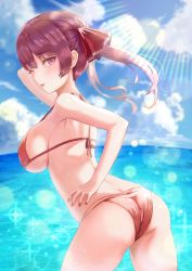 Rule 34 | 1girl, ass, bikini, breasts, butt crack, female focus, halterneck, highres, hololive, houshou marine, large breasts, lens flare, looking at viewer, looking back, ocean, one eye closed, parted lips, red eyes, red hair, solo, string bikini, swimsuit, tachibana yuu (shika), underboob, virtual youtuber, water
