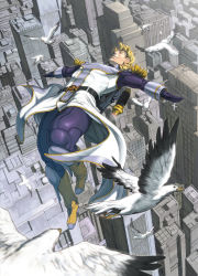 Rule 34 | 10s, 1boy, bird, blonde hair, boots, cityscape, closed eyes, epaulettes, flying, jetpack, male focus, oono tsutomu, outdoors, power suit, short hair, sky high (tiger &amp; bunny), solo, superhero costume, tiger &amp; bunny