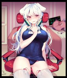 Rule 34 | 1girl, bedroom, blush, braid, breasts, chair, character request, gaming chair, headphones, highres, long hair, maplestory, mendou kusai, office chair, pink eyes, pussy juice, red eyes, remote control vibrator, school swimsuit, sex toy, silver hair, single braid, swimsuit, swivel chair, tattoo, thighhighs, v, vibrator, vibrator in thighhighs, white hair