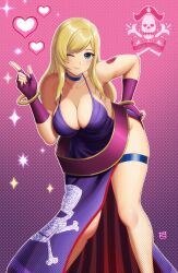 1girl bare_shoulders bent_over blonde_hair blue_choker blue_eyes breasts choker cleavage commentary_request dress fatal_fury fatal_fury:_city_of_the_wolves finalcake flower_tattoo gloves heart highres jenet_behrn jolly_roger large_breasts leaning_forward long_hair one_eye_closed purple_dress purple_gloves side_slit skull_and_crossbones solo tattoo thigh_strap