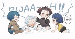Rule 34 | 2boys, 2girls, aged down, ahoge, baby, black shorts, bloomers, blue hair, blue pajamas, blush, brown hair, brown shirt, character name, chongyun (genshin impact), closed eyes, collared shirt, commentary, crawling, crying, english commentary, english text, ethylene ty, eyelashes, flower-shaped pupils, genshin impact, hair ornament, hair ribbon, hairclip, hand up, highres, holding another&#039;s hair, hood, hoodie, hu tao (genshin impact), long sleeves, looking at another, lying, multiple boys, multiple girls, on stomach, onesie, open mouth, pajamas, pants, raised eyebrows, red eyes, red ribbon, ribbon, shirt, short hair, short sleeves, short twintails, shorts, simple background, sitting, sleeveless, sleeveless shirt, socks, speech bubble, stuffed animal, stuffed rabbit, stuffed toy, symbol-shaped pupils, tears, twintails, underwear, white background, white bloomers, white hoodie, white pants, white socks, wide sleeves, xiangling (genshin impact), xingqiu (genshin impact), yellow eyes, yellow shirt