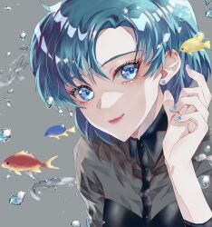 Rule 34 | bishoujo senshi sailor moon, blue eyes, blue hair, blue nail polish, earrings, fishes, highres, jewelry, looking at viewer, mizuno ami, water
