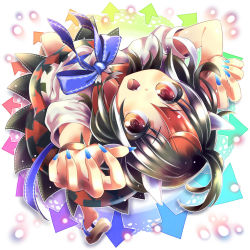 Rule 34 | 1girl, ahoge, arrow (symbol), blue nails, bow, doily, dress, fingernails, foreshortening, grey horns, highres, horns, kijin seija, knee up, layered dress, leaning back, light particles, looking at viewer, multicolored hair, nail polish, open mouth, outstretched arm, red eyes, sandals, sharp fingernails, short hair, short sleeves, solo, touhou, uta (kuroneko), white background