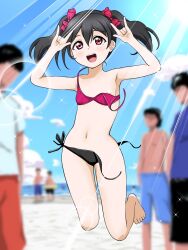 Rule 34 | 1girl, 5boys, areola slip, armpits, barefoot, beach, bikini, black hair, blurry, blurry background, blush, bow, breasts, cloud, full body, hair bow, highres, jumping, light rays, long hair, love live!, love live! school idol project, multiple boys, navel, nico nico nii, ocean, open mouth, outdoors, red bow, red eyes, sand, sky, small breasts, smile, solo focus, sun, swimsuit, to yoshiyoshi, twintails, untied bikini, wardrobe malfunction, water, yazawa nico